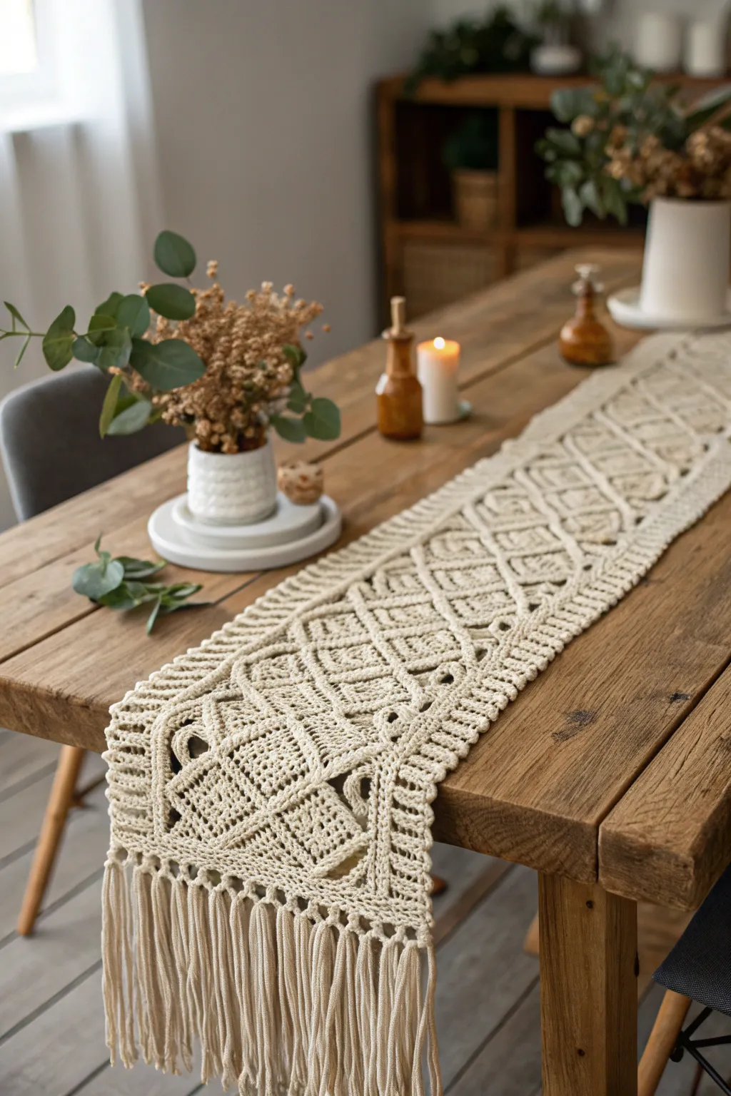 Elevate your table setting with the charm of a macramé table runner, where craftsmanship meets natural beauty.