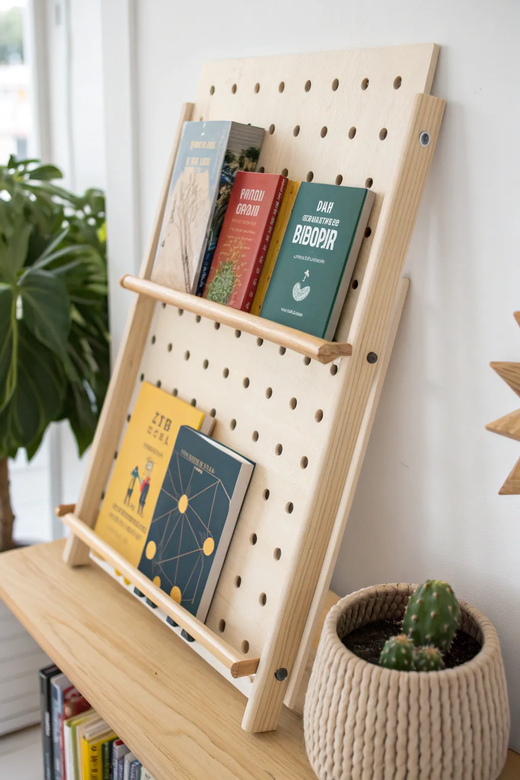 Transform your space with a chic and customizable pegboard book rack, where simplicity meets bold style.
