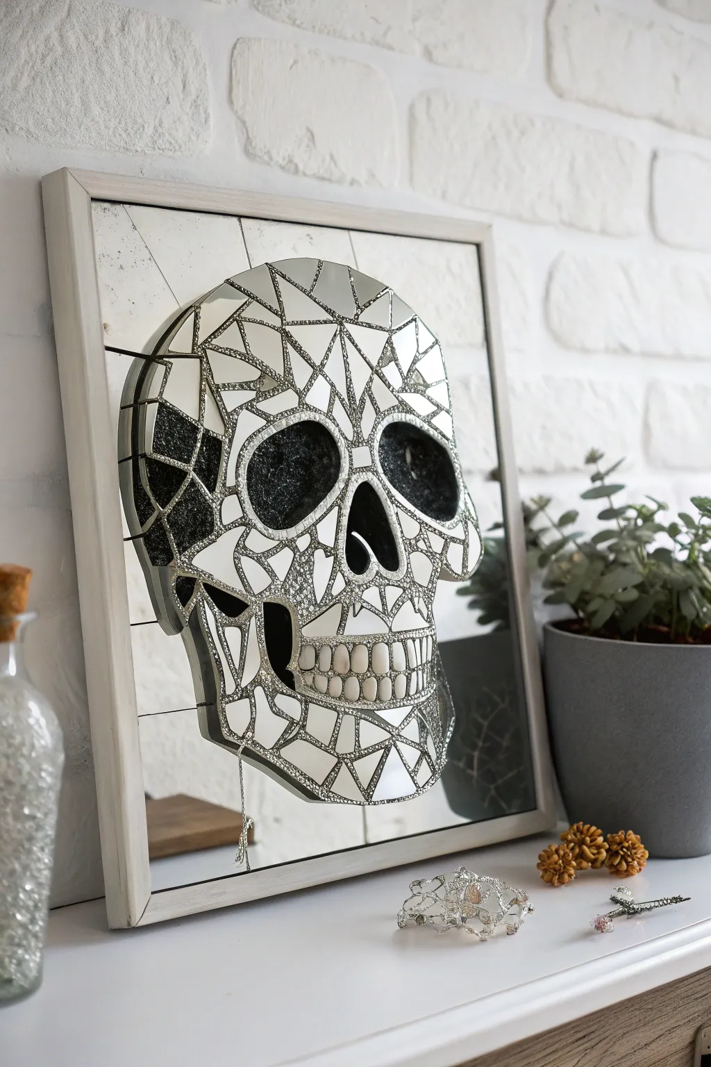 Reflect your inner artist with this stunning DIY skull mirror art—where elegance meets edge in every shard.