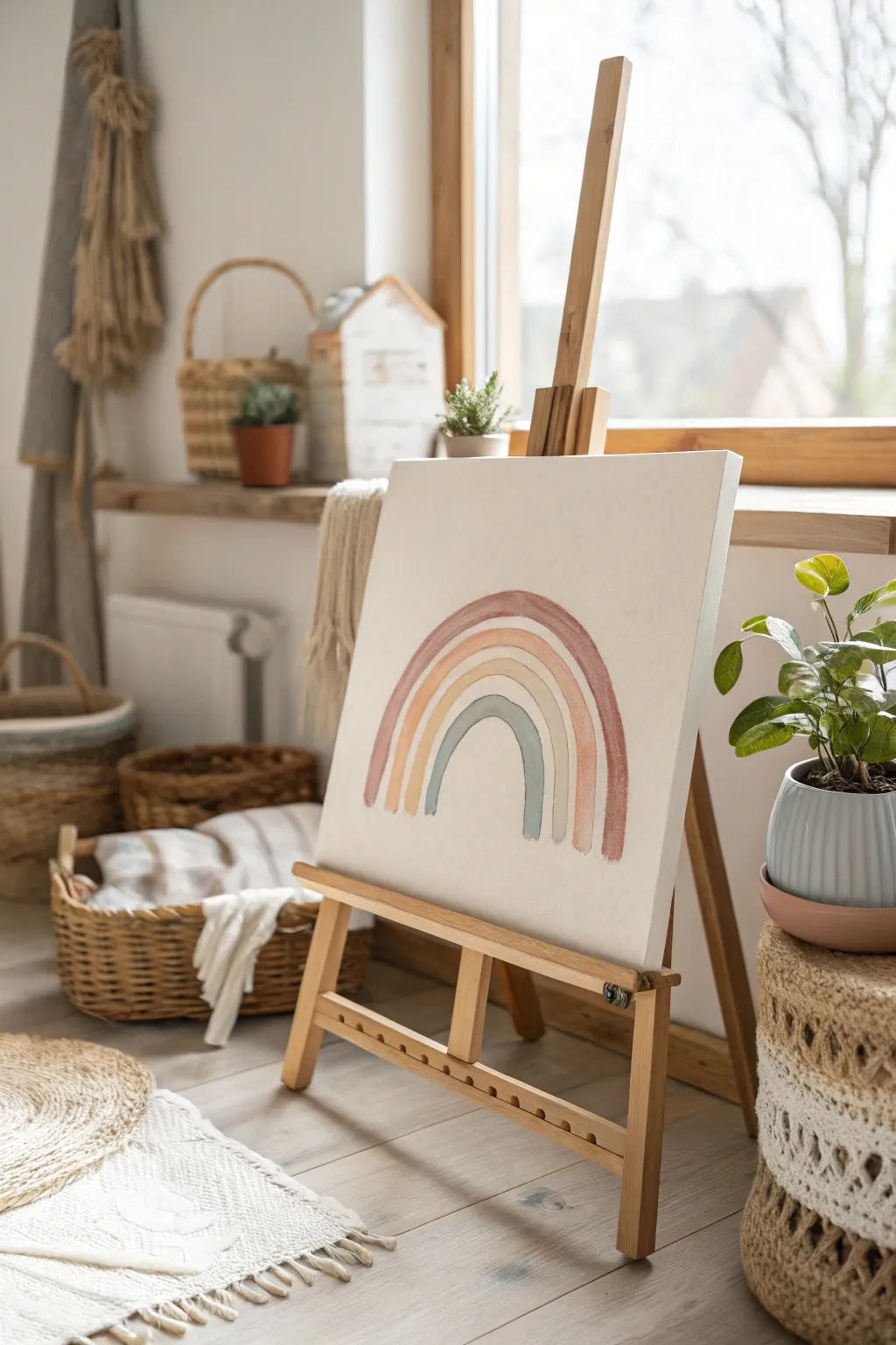 Bring a touch of rainbow magic to your baby's room with this simple yet enchanting DIY canvas painting.
