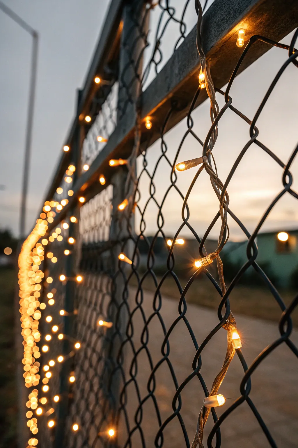 Illuminate your space with the perfect blend of craftsmanship and coziness using solar-powered string lights on a chain link fence.