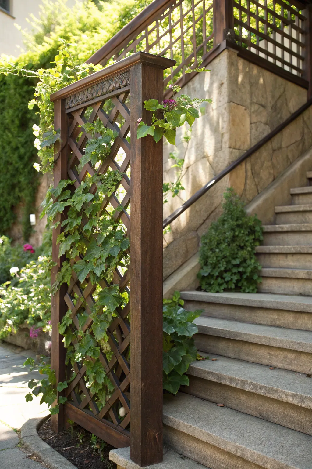 Elevate your staircase with a handcrafted garden trellis for a blend of nature and style.