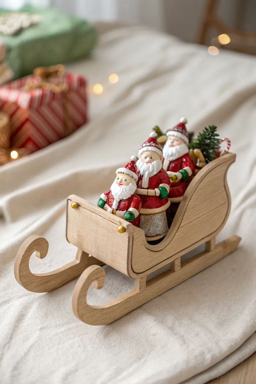 Whimsical winter charm: a sleigh filled with delightful Santa treasures.