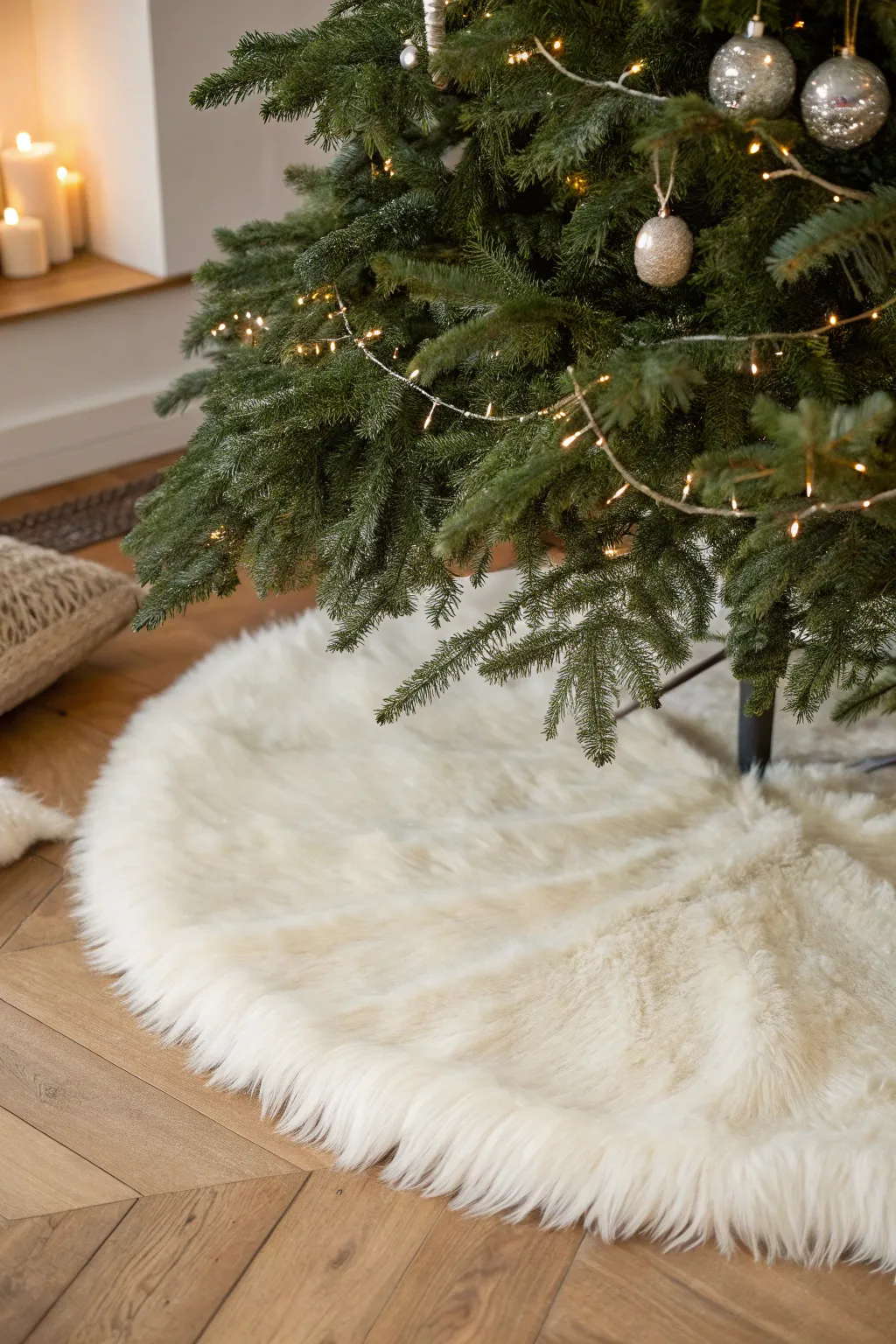 Transform your tree with a touch of luxury: a faux fur base for the perfect festive accent.