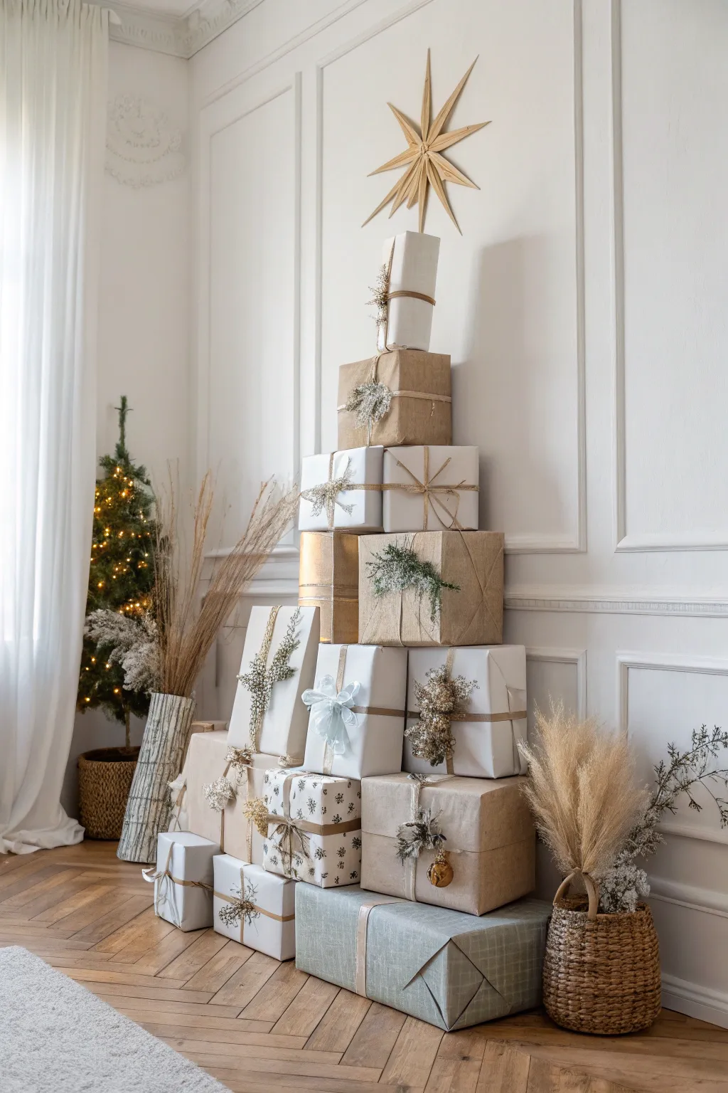 Elegance meets playfulness with our 'gift tree' centerpiece, perfect for a minimalist holiday vibe. 🎁✨