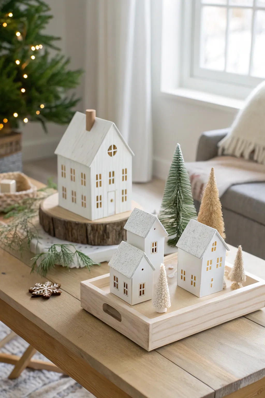 Elevate your holiday decor with a multi-level minimalist Christmas village display, blending Scandinavian simplicity with boho elegance.