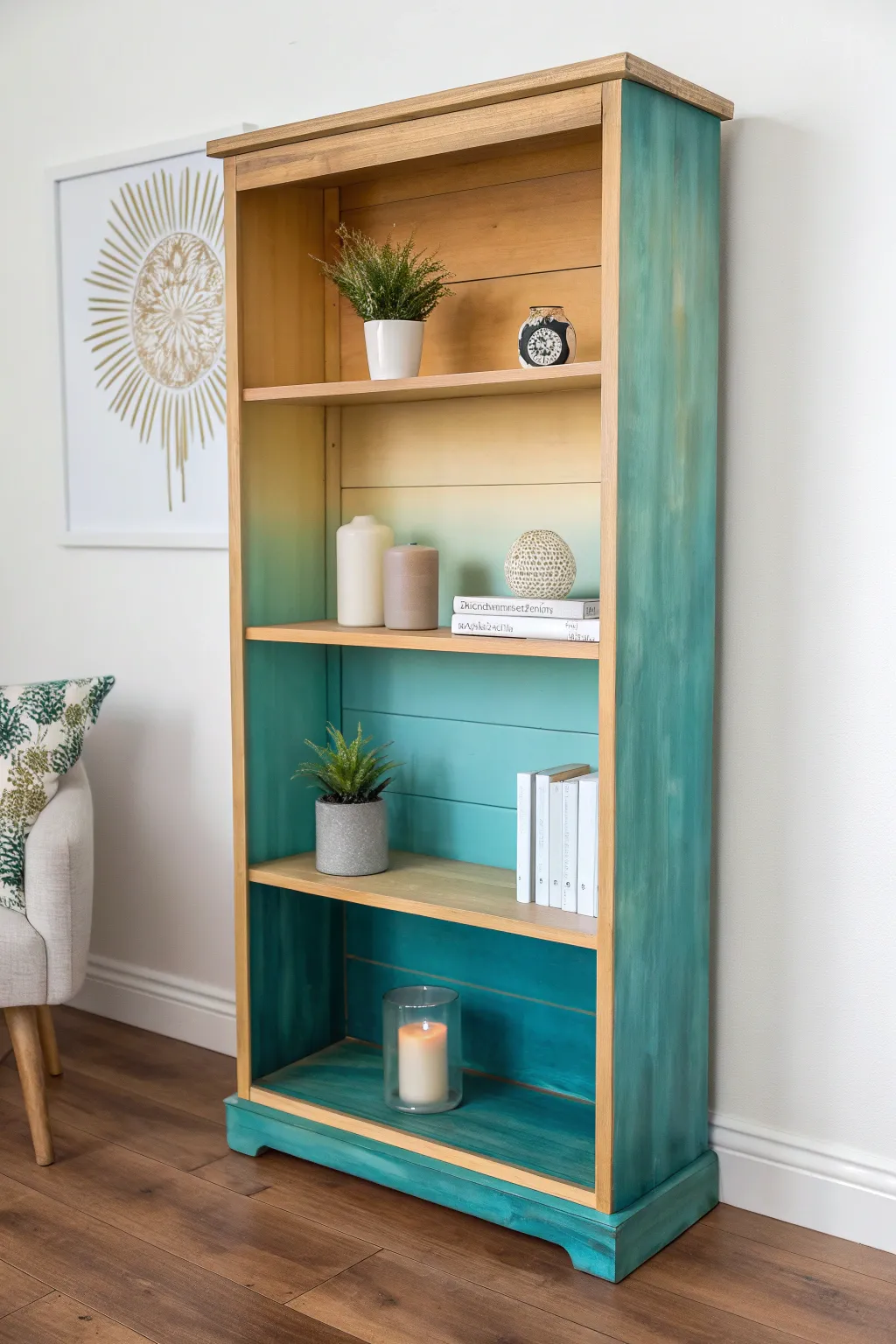 Transform your space with a touch of ombre elegance: DIY painted bookshelves for a chic and inviting classroom.