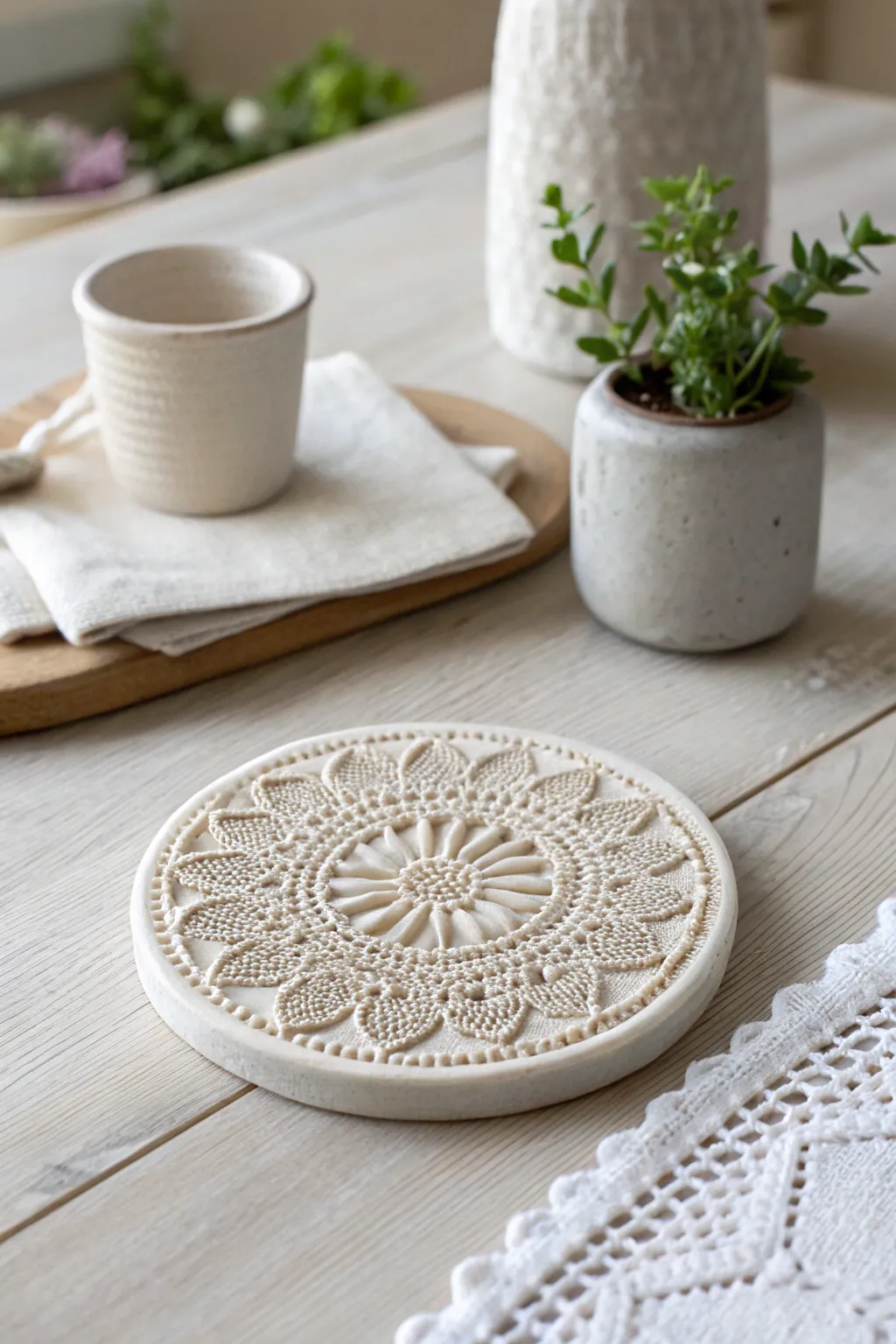 Elevate your table setting with the artisanal charm of textured clay coasters. Simple yet sophisticated.