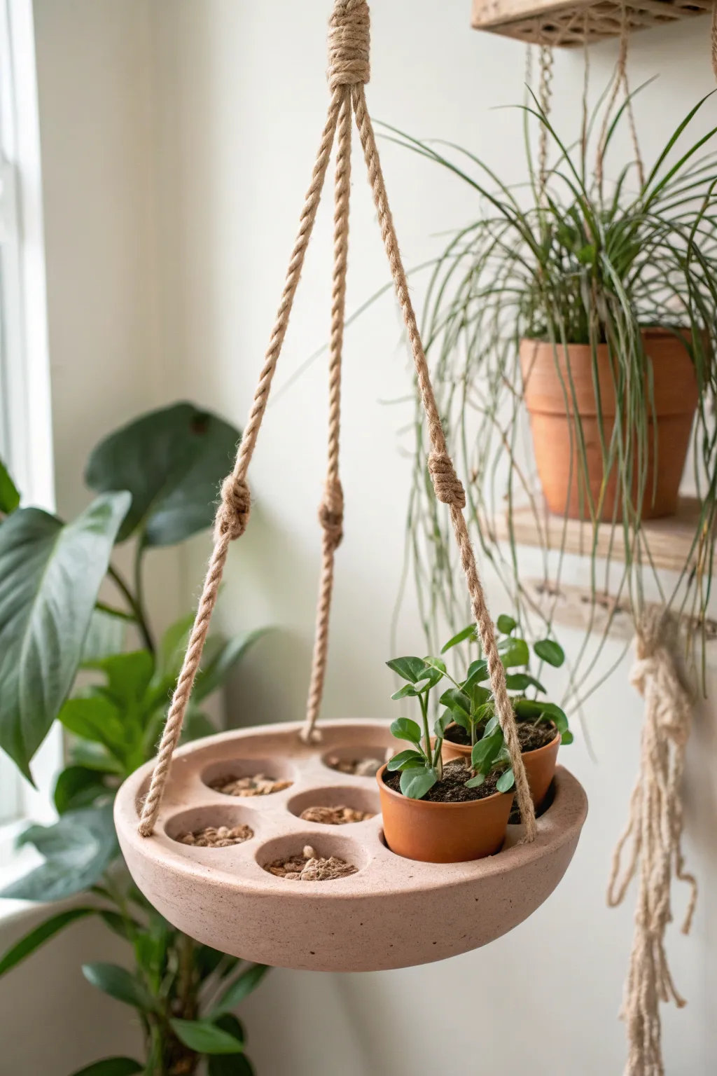 Elevate your plant game with this chic clay and rope propagation station, where simplicity meets boho elegance.