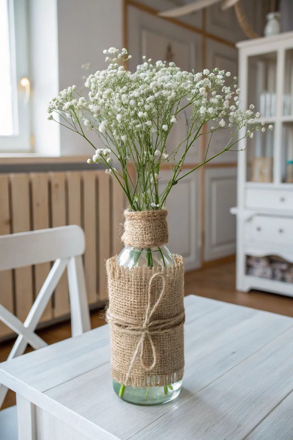 Embrace rustic elegance with this charming DIY burlap-wrapped vase. Perfect for adding a touch of farmhouse charm to your minimalist decor.