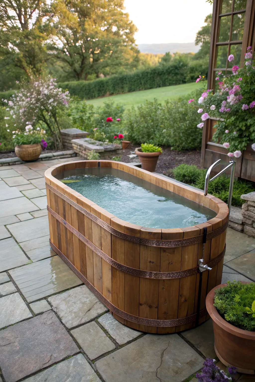 Embrace tranquility with a handcrafted cold plunge on your patio, where craftsmanship meets nature.