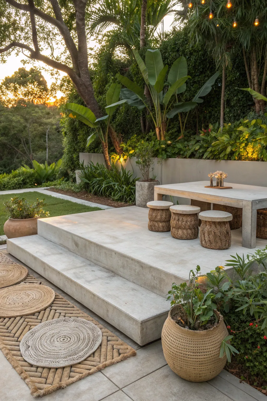Transform your backyard into a tranquil retreat with a handcrafted concrete patio—a perfect blend of elegance and nature.