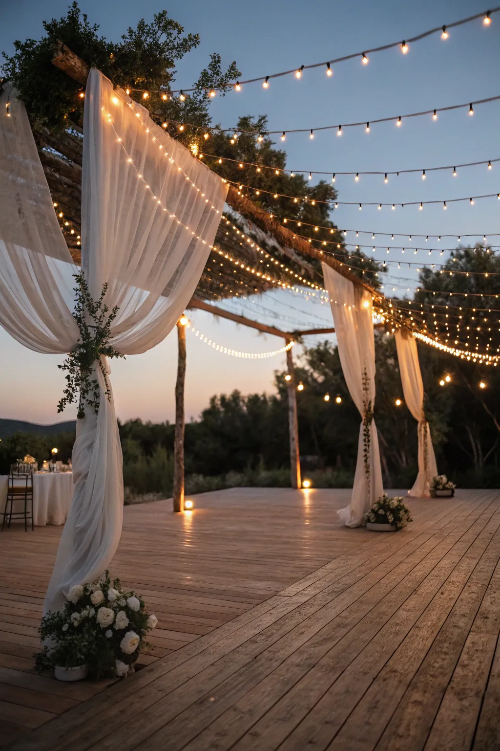 Illuminate your special day with a magical string light canopy, blending rustic charm with minimalist elegance.