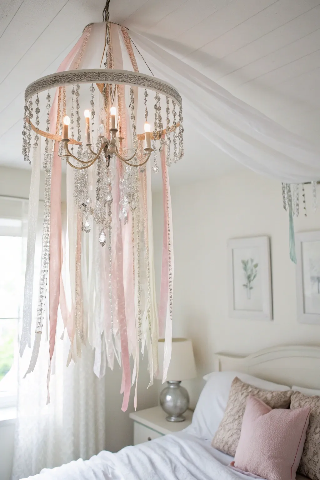Transform your space with a dreamy fabric and crystal chandelier that captures the essence of minimalist elegance and bohemian allure.