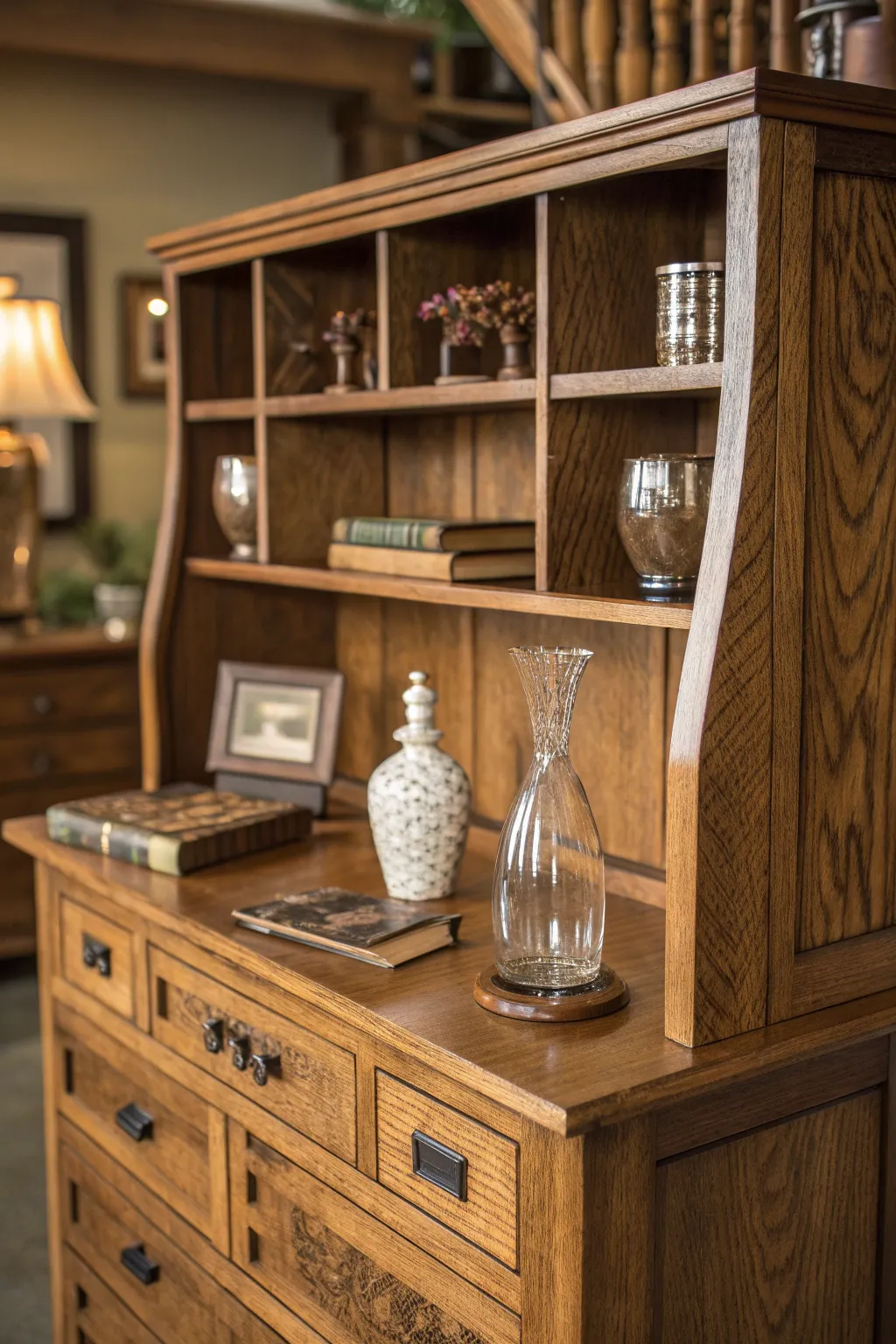 Elevate your workspace with a handcrafted multi-level hutch that beautifully displays your unique treasures.