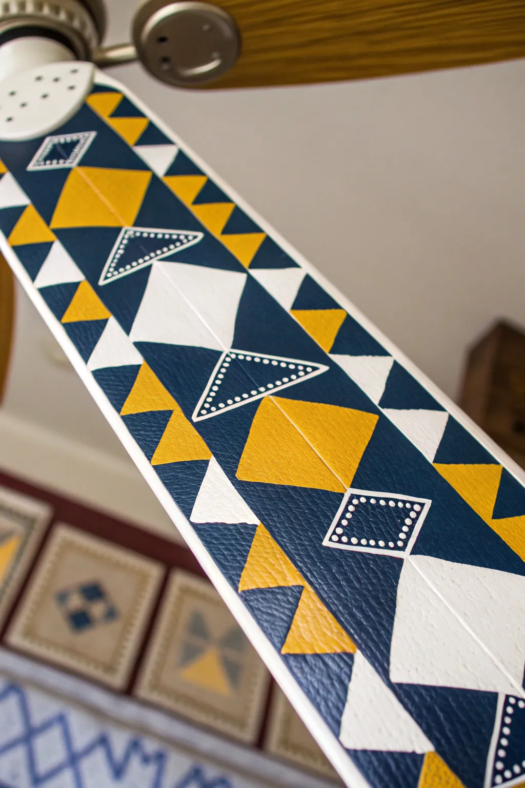 Elevate your space with bold geometric patterns on your fan blades, where craftsmanship meets modern design.