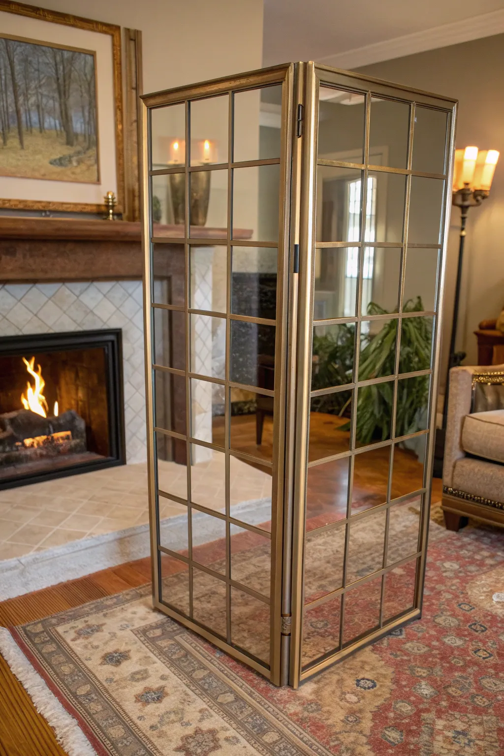 Reflect elegance and expand your space with a handcrafted mirror panel fireplace screen.