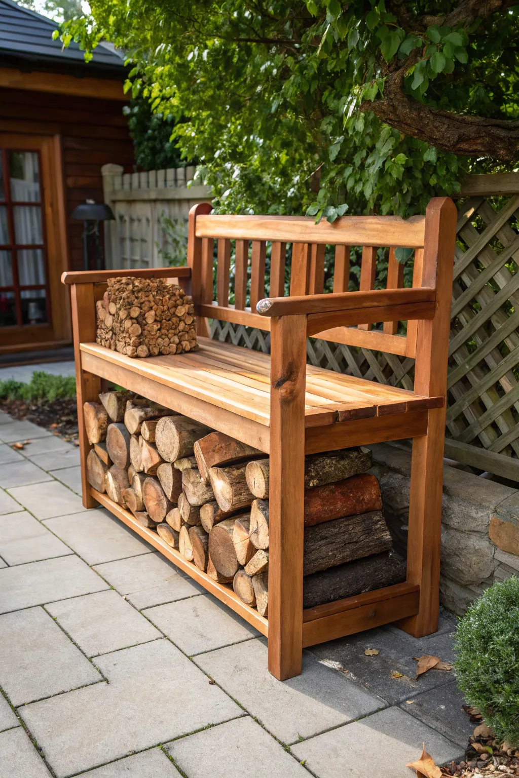 Elevate your outdoor space with this bench firewood rack, where craftsmanship meets functionality.