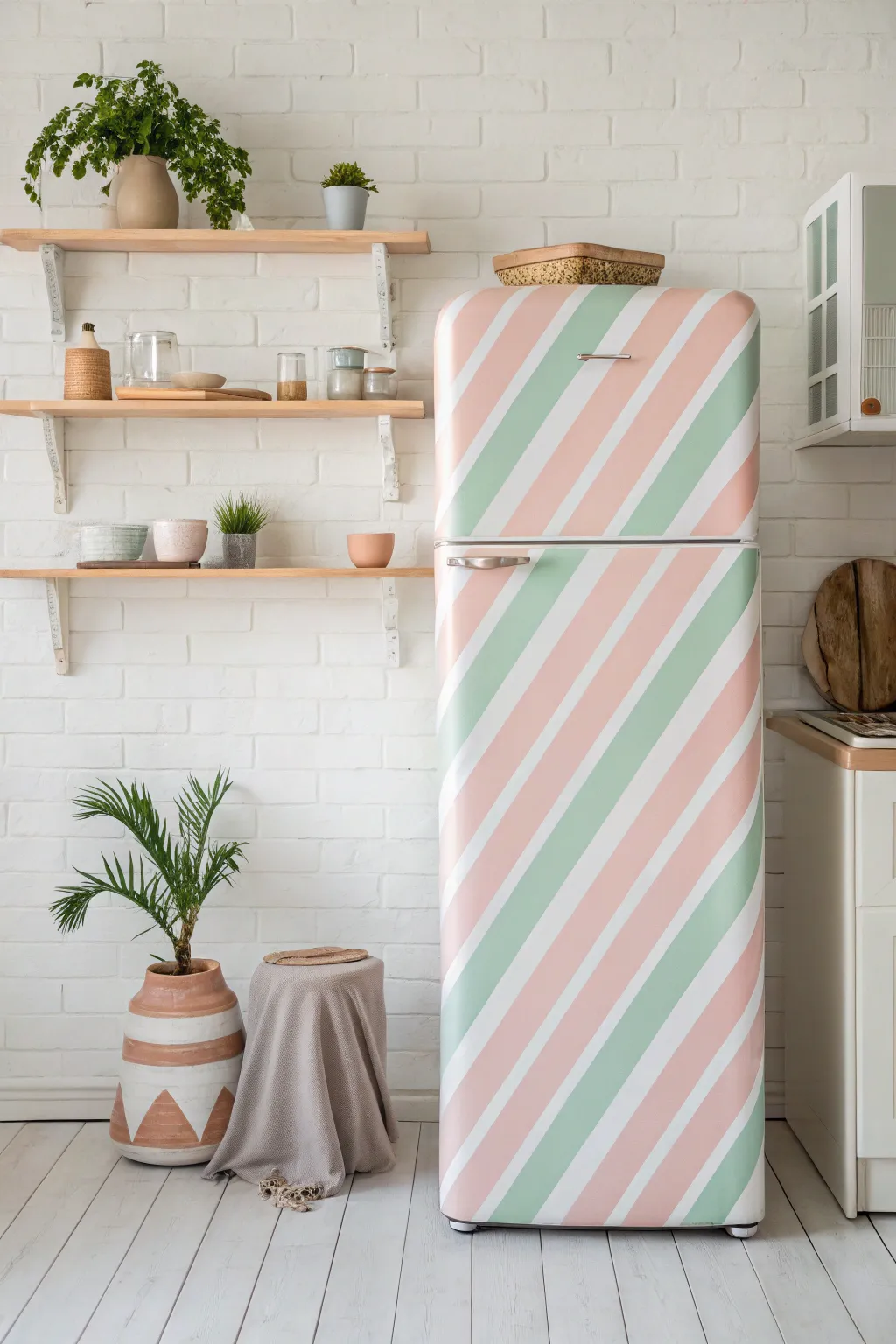 Transform your kitchen with a chic striped fridge makeover! A blend of Scandinavian minimalism and boho flair.