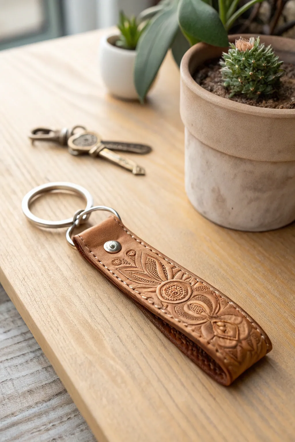 Elevate your gift-giving with this beautifully crafted embossed leather keychain. Perfect for those who appreciate simplicity and elegance.