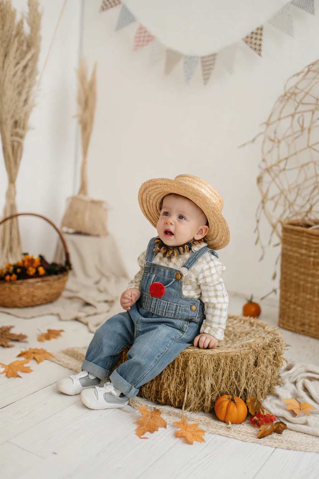 Tiny Scarecrow: Embrace the rustic charm with this adorable Halloween photoshoot idea!