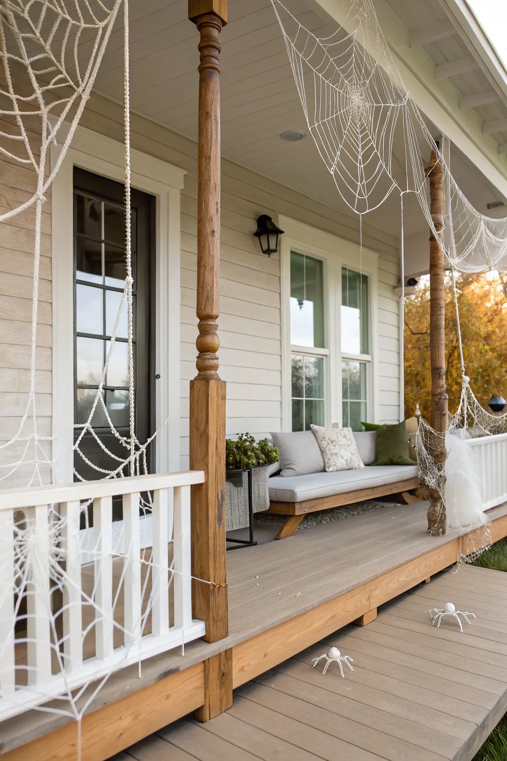 Transform your porch into a minimalist Halloween haven with artfully draped spider webs and subtle spider accents. 🎃✨ #ScandiBohoHalloween #MinimalistDecor