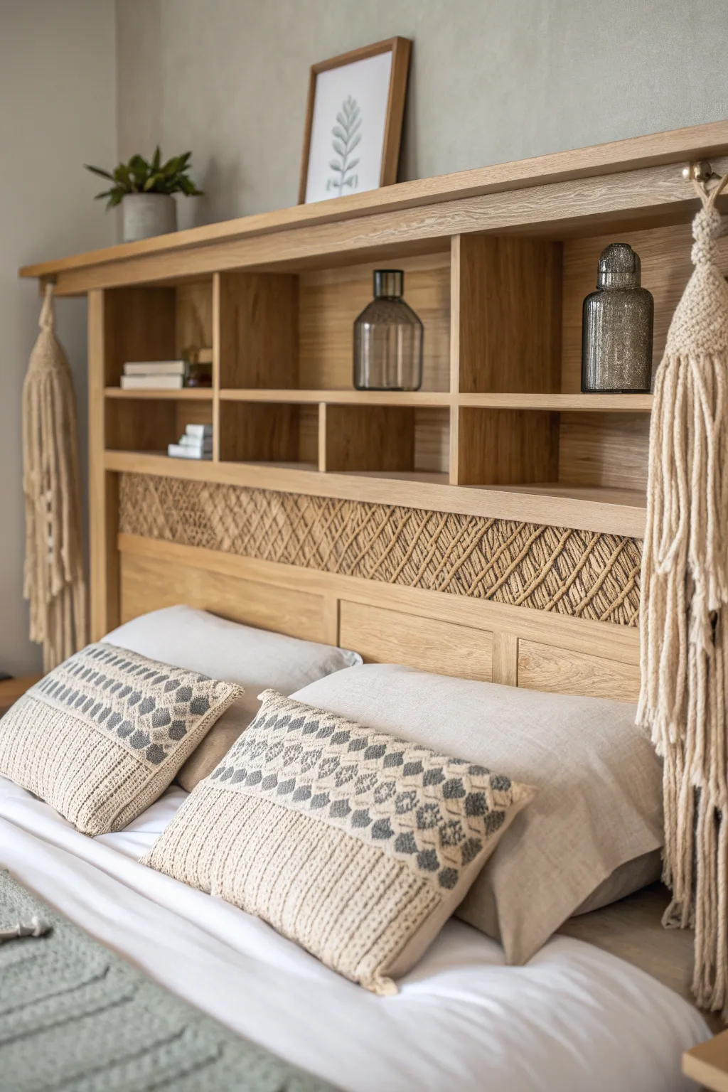 Discover the elegance of hidden storage with this Scandinavian-Boho headboard masterpiece.