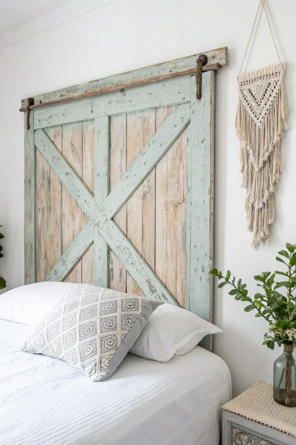 Transform your bedroom with a rustic yet chic headboard made from reclaimed doors. Embrace the beauty of sustainability and craftsmanship.