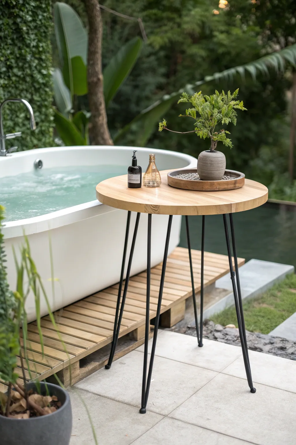 Elevate your hot tub space with minimalist elegance: a perfect blend of modern design and natural beauty.