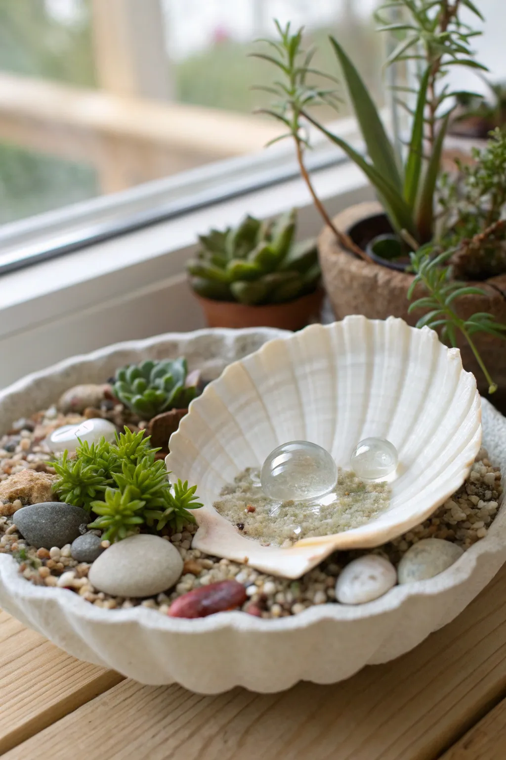 Discover serenity with a DIY seashell pond, the perfect touch of elegance for your indoor fairy garden.