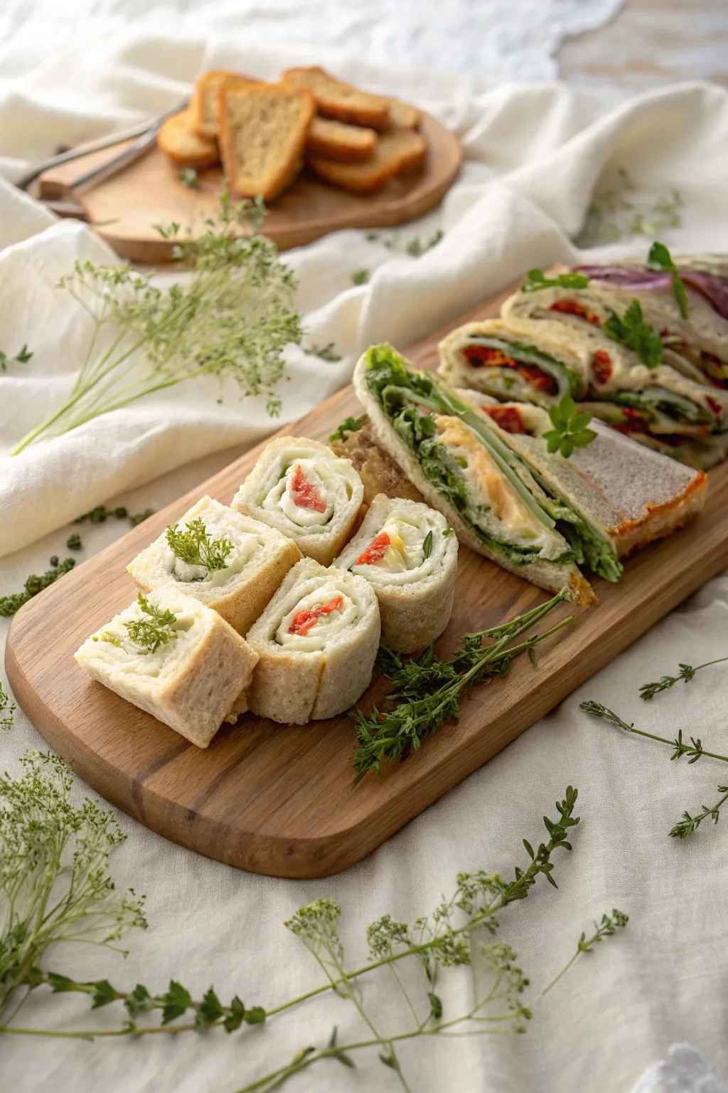 Savor the simplicity and elegance of delightful mini sandwiches and wraps, perfect for your indoor picnic adventure.