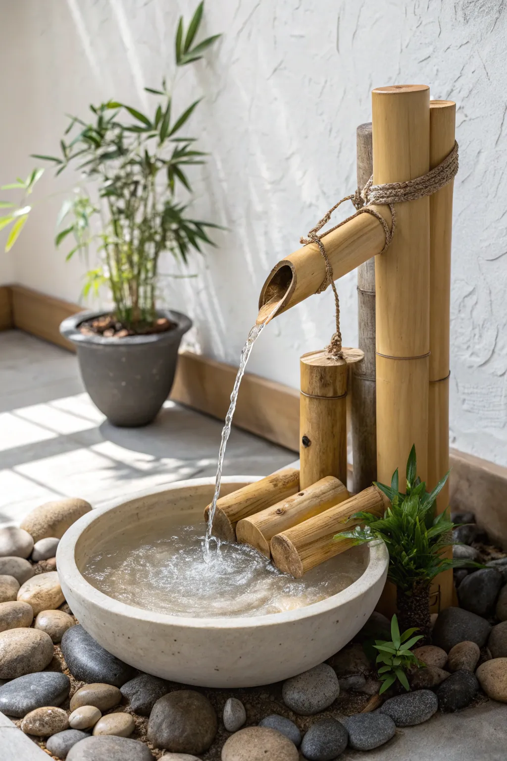 Embrace serenity with a handcrafted bamboo spout fountain, a perfect blend of minimalist design and boho elegance.