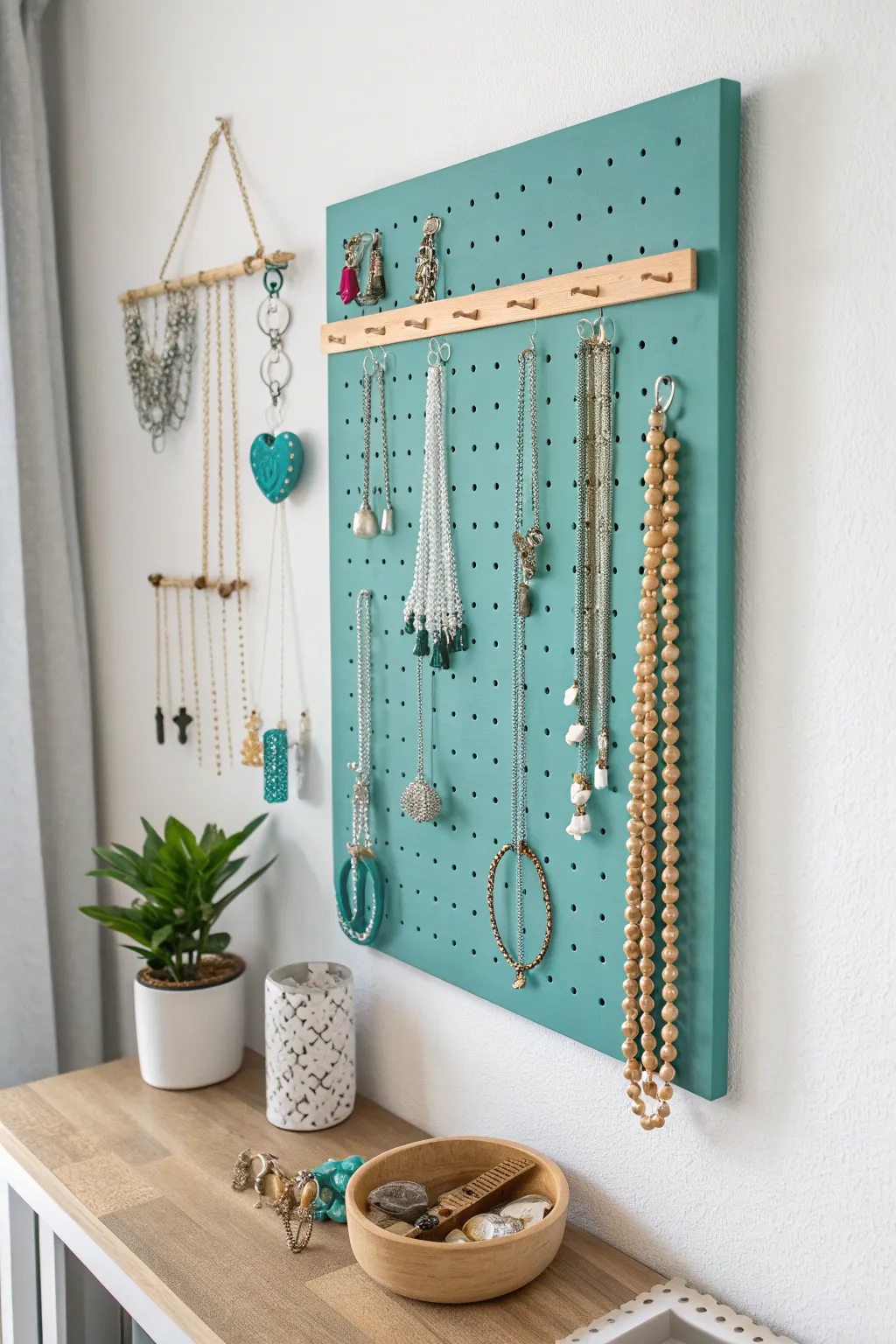 Transform your craft room with a vibrant pegboard jewelry organizer that marries minimalist design with boho charm.