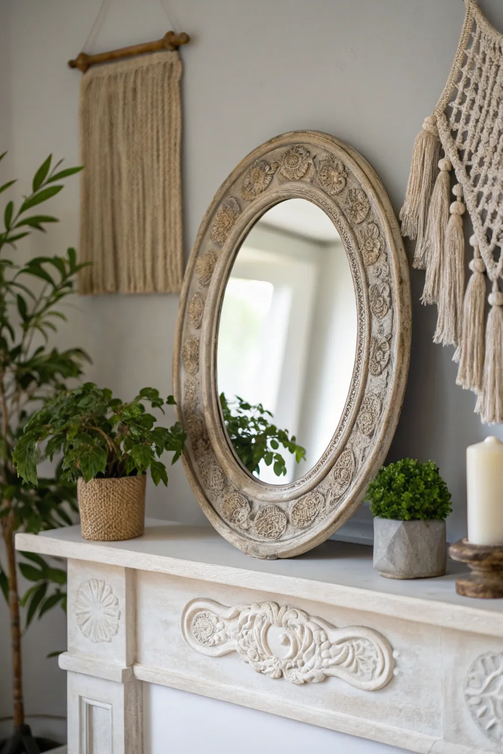 Transform your mantel with timeless elegance using a vintage mirror centerpiece. ✨ #DIYDecor #VintageCharm