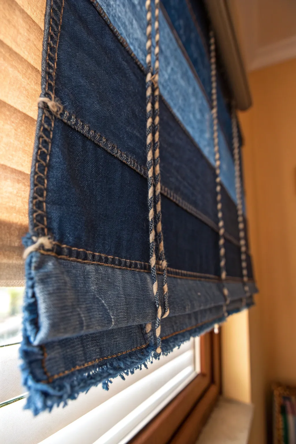 Elevate your space with sustainable style: Upcycled denim mini blinds.