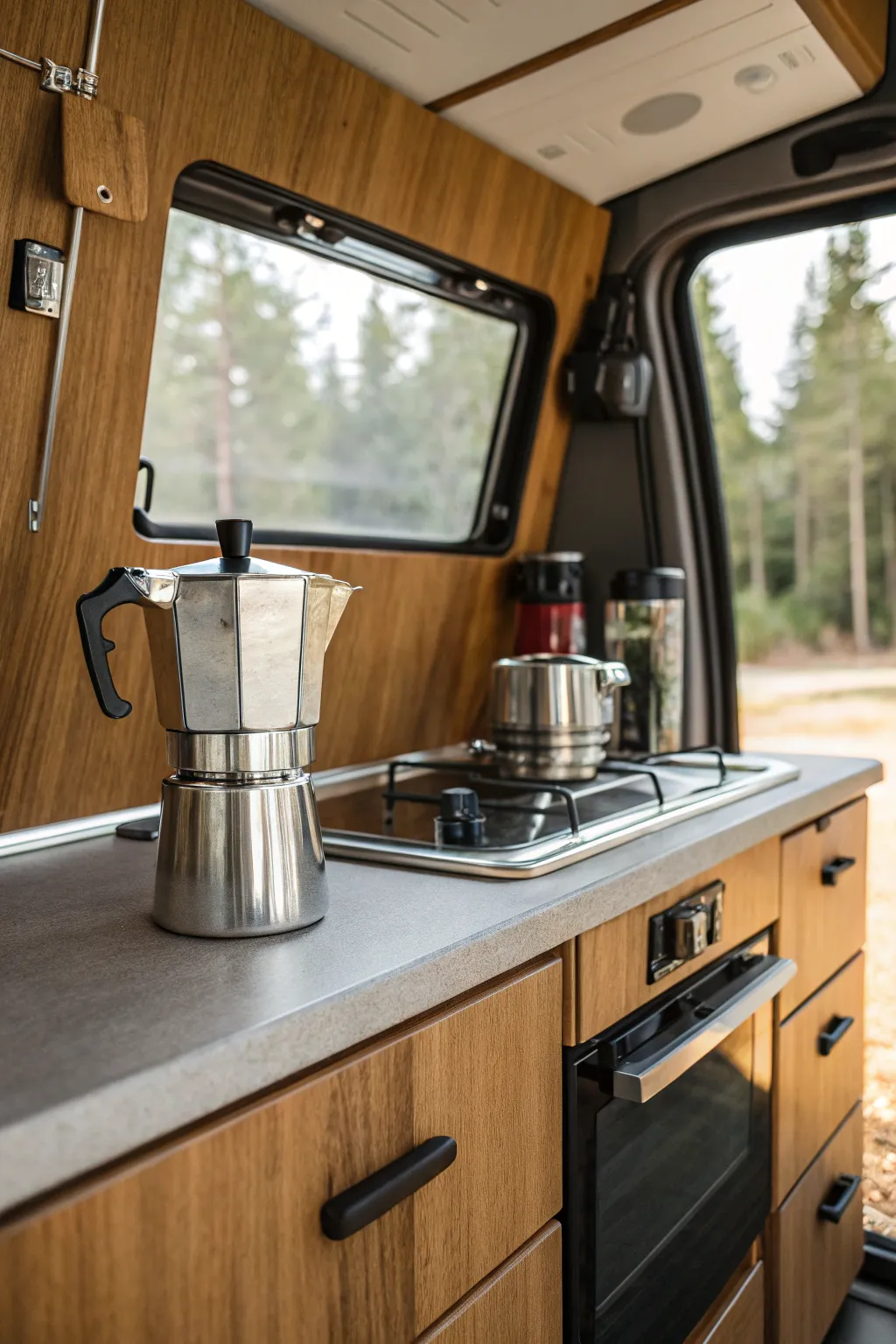 Brew your perfect cup on the go with this smartly crafted van kitchenette.