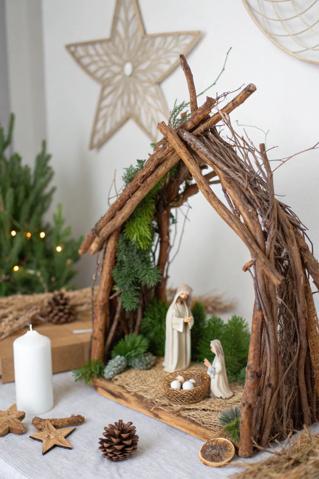 Bring the serene beauty of a winter forest into your home with this natural twig and branch nativity scene.