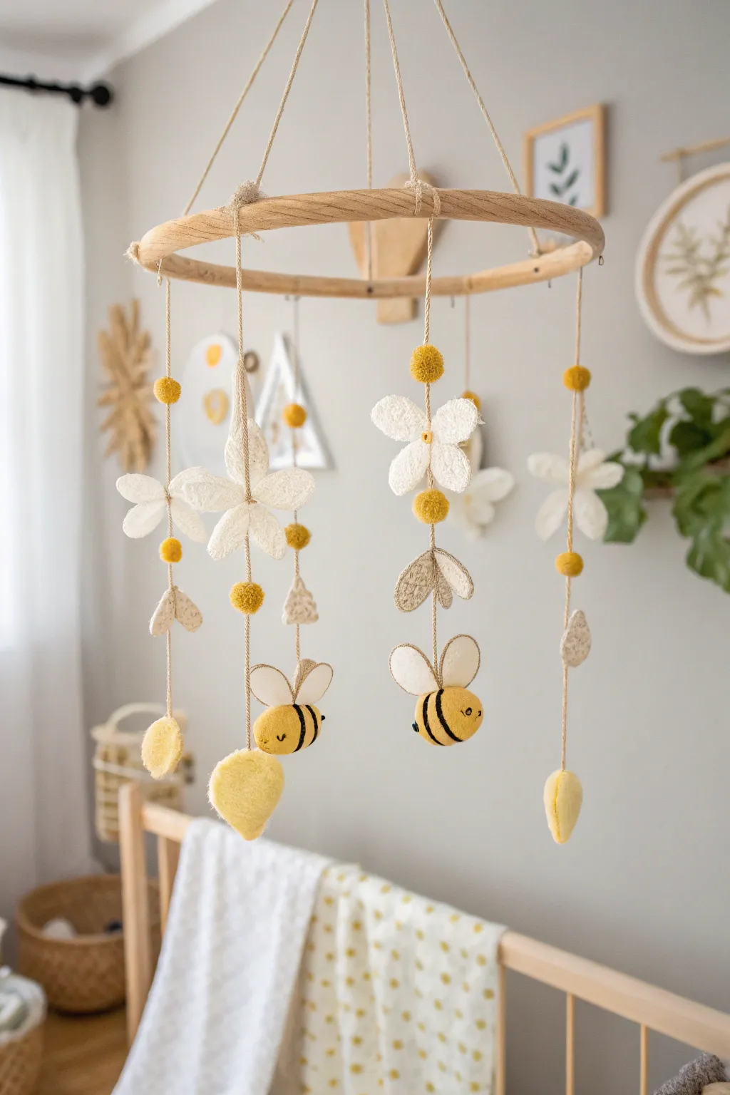Add a touch of whimsy with a handmade felt bee mobile for your nursery.