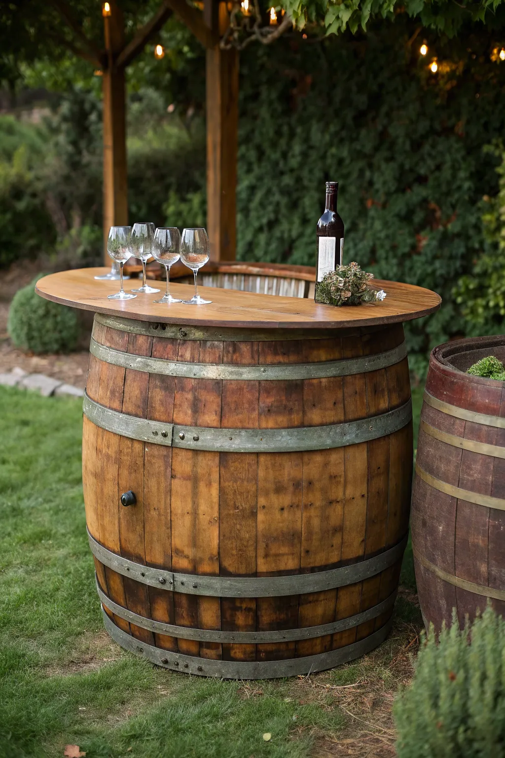 Transform your backyard with a touch of vineyard charm using an upcycled wine barrel bar.