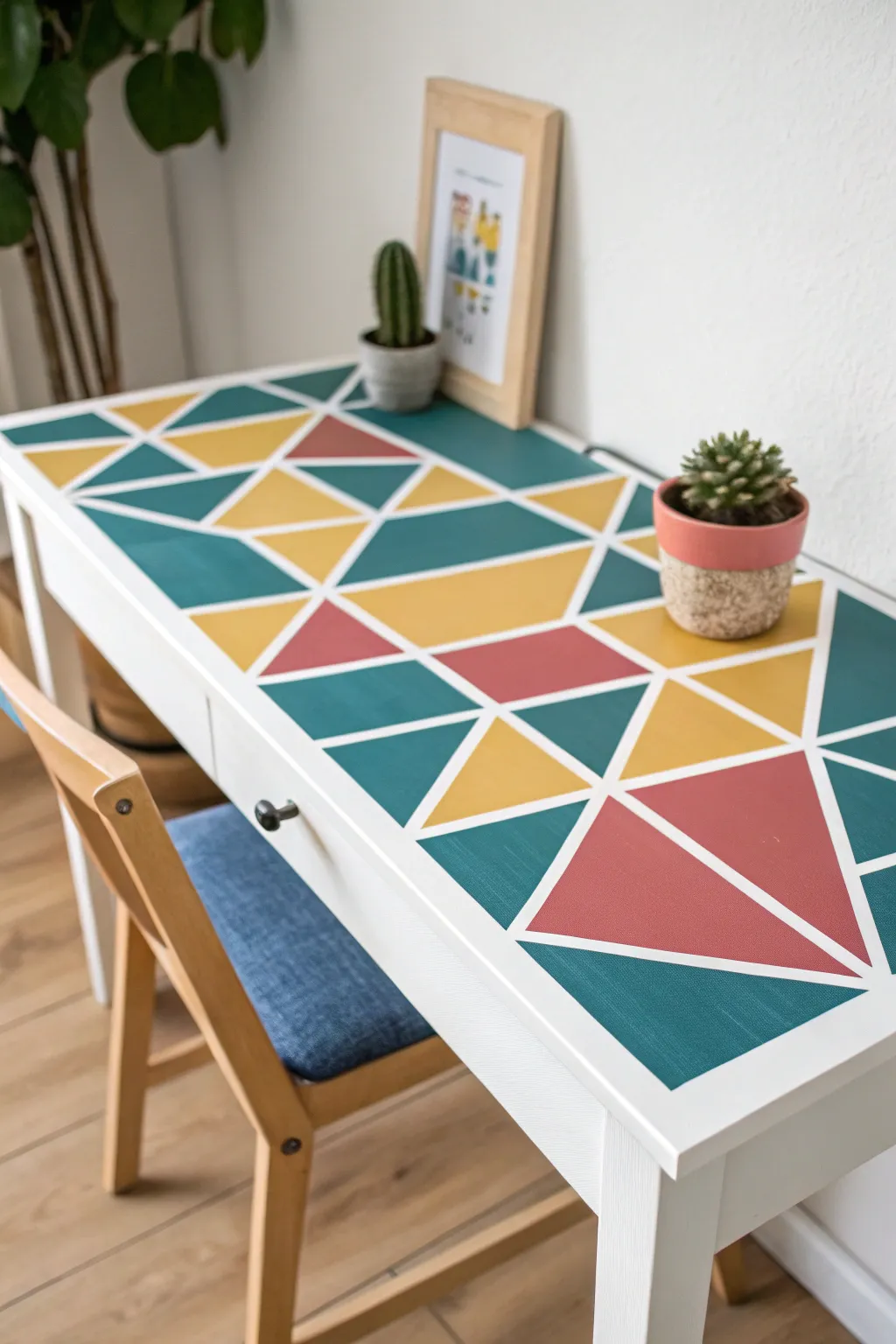 Transform your workspace with a pop of geometric flair! 🎨✨ #DIYDesk #PatternPlay #ScandiBoho