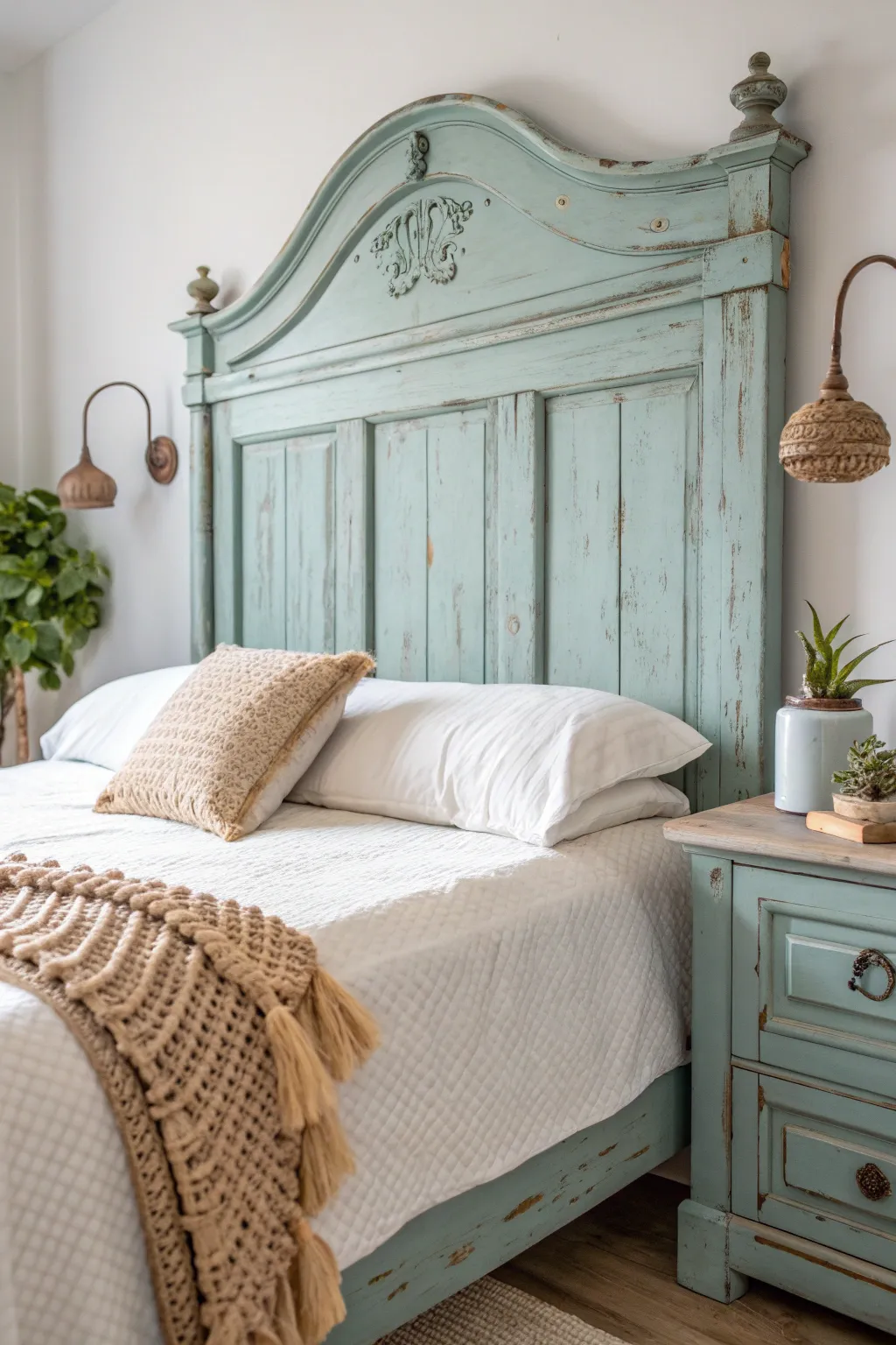 Transform your bedroom into a cozy retreat with a vintage-inspired distressed headboard. #DIYCharm #HeadboardMakeover