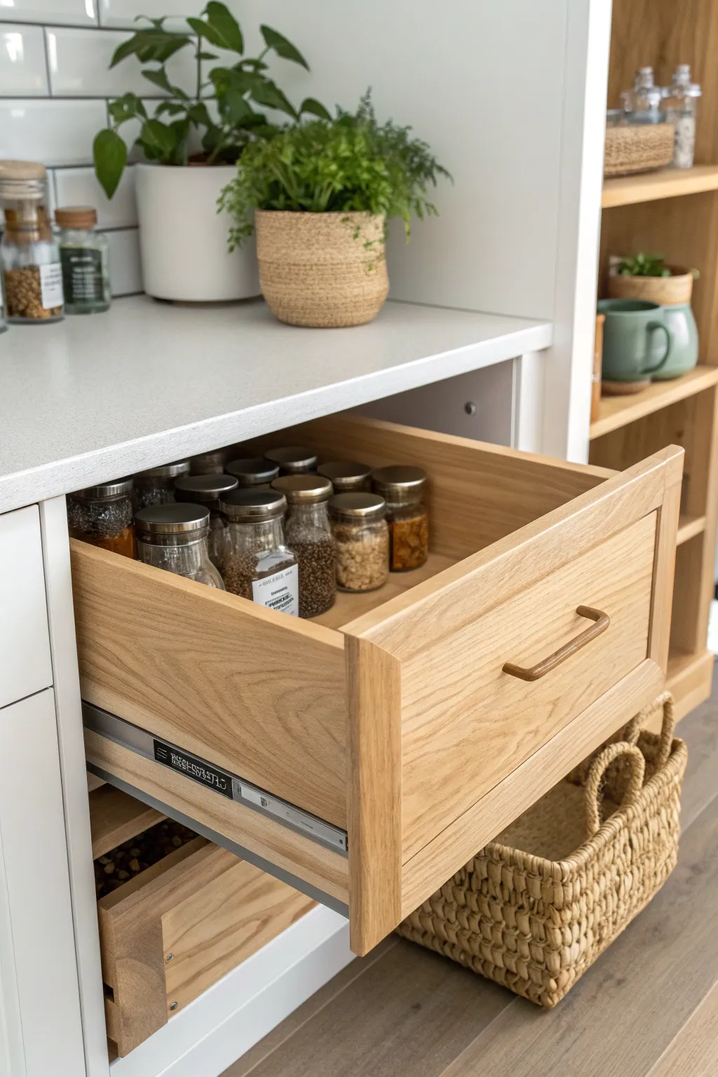 Transform your pantry with elegant pull-out drawers that combine style and functionality. #PantryGoals #ScandiBoho