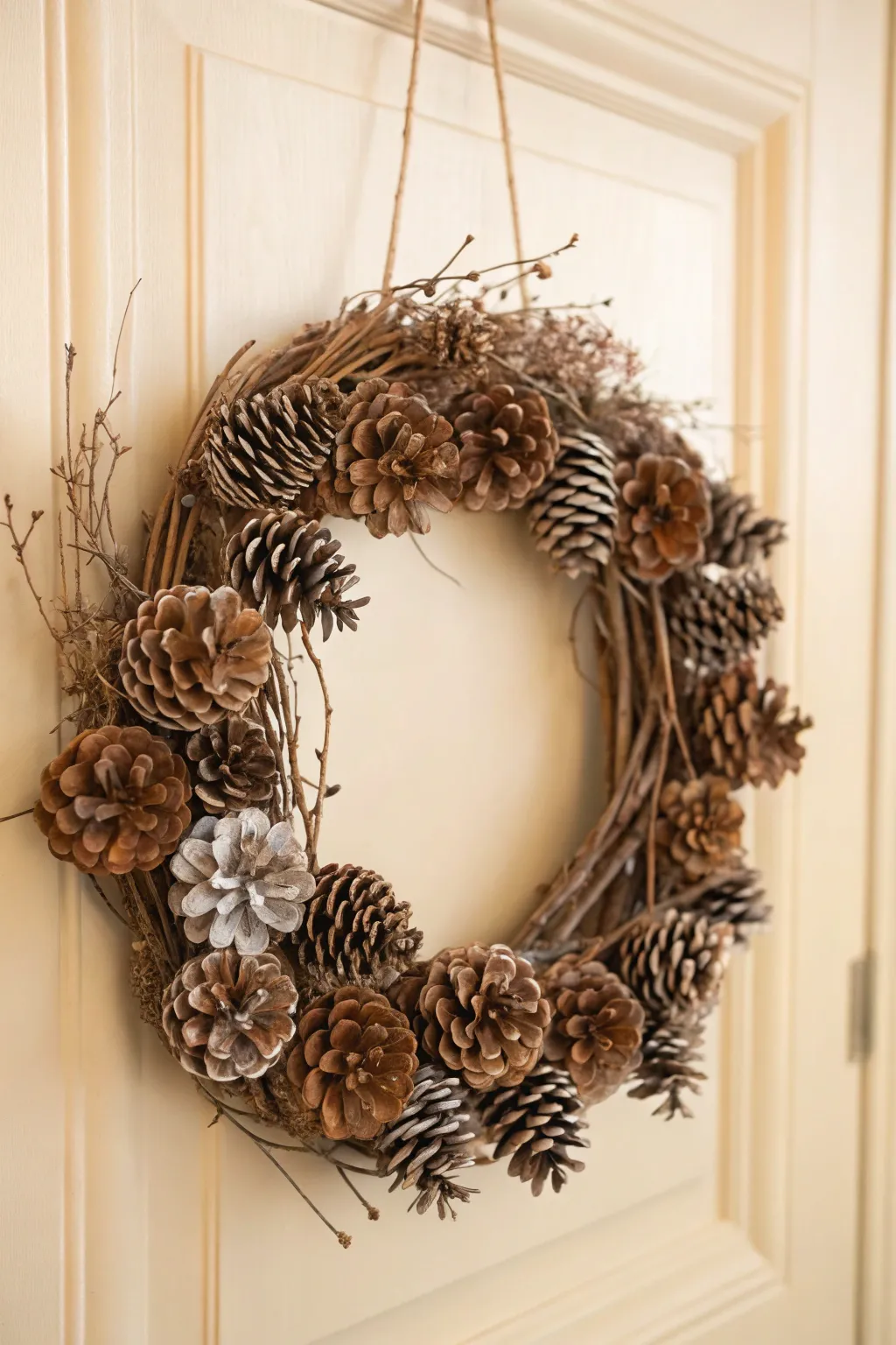 Embrace the beauty of nature with this layered pinecone and twig wreath—a perfect blend of rustic elegance and minimalist charm.
