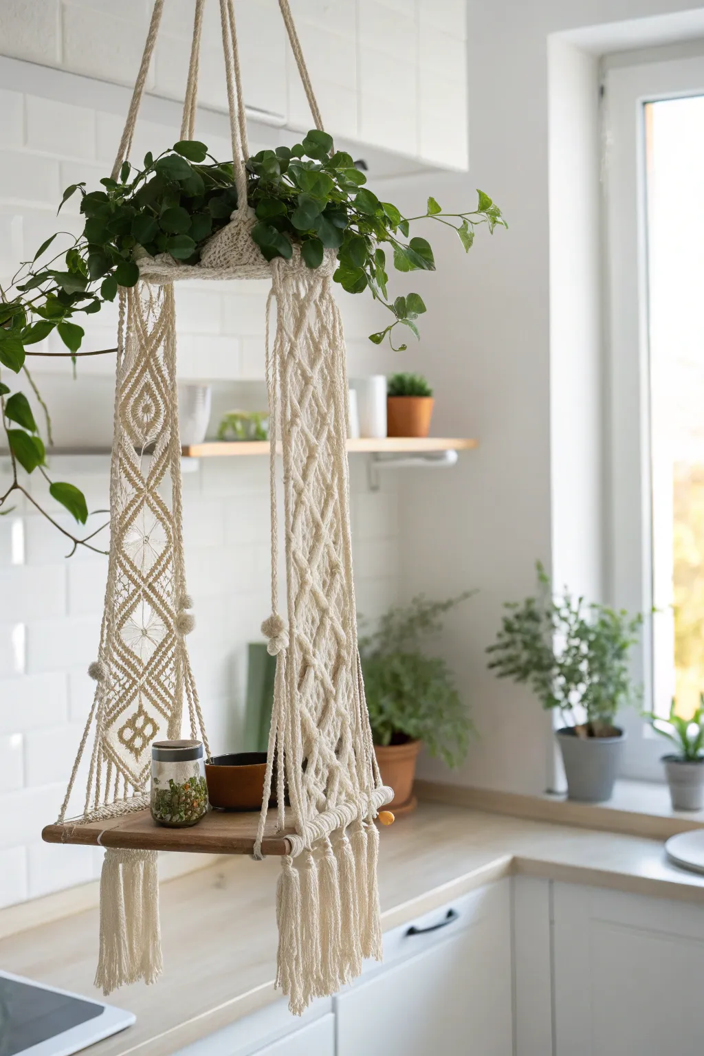 Elevate your space with this charming macramé plant shelf, blending Scandinavian minimalism with boho flair.