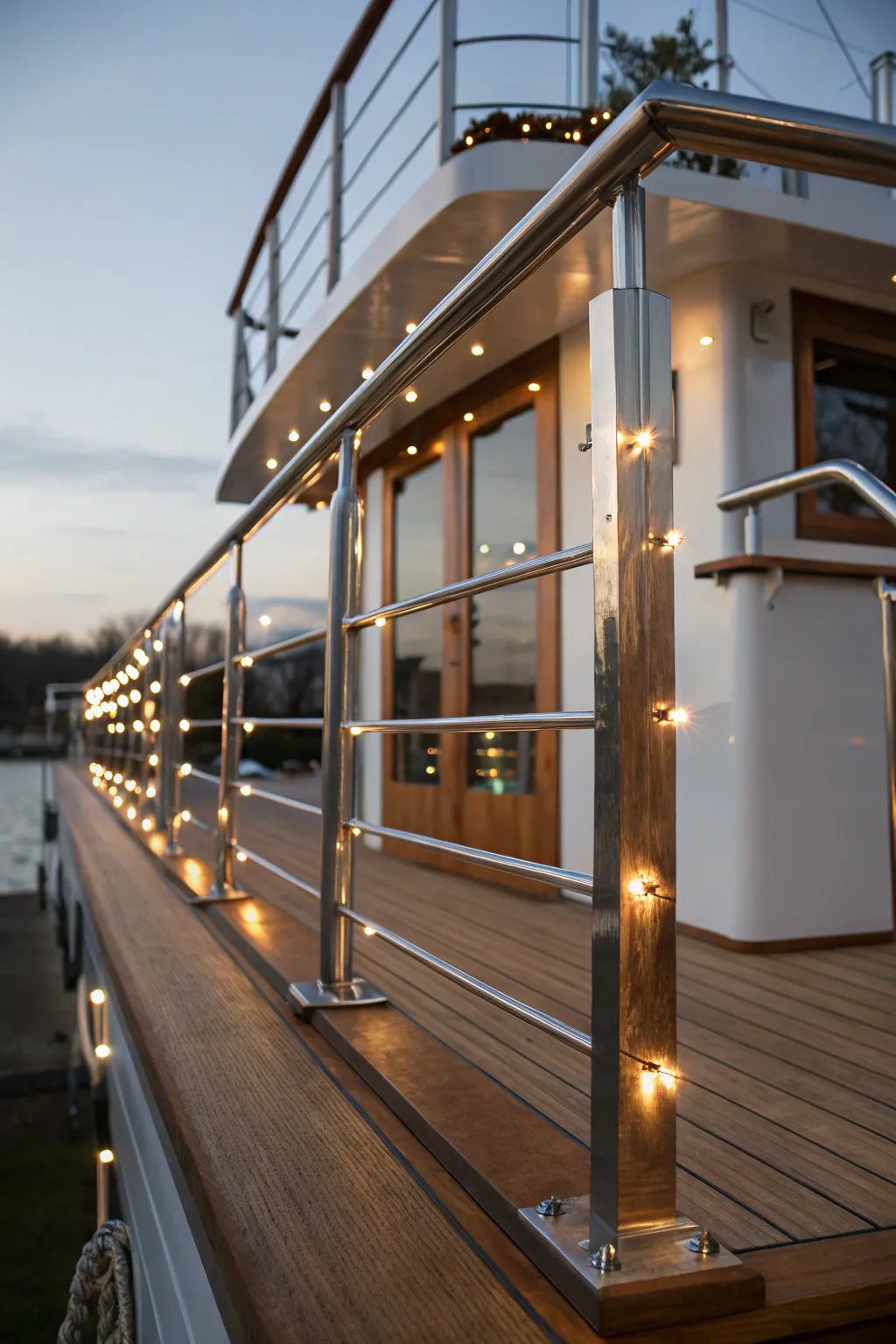 Illuminate your pontoon houseboat's craftsmanship with reinforced railings and cozy fairy lights.