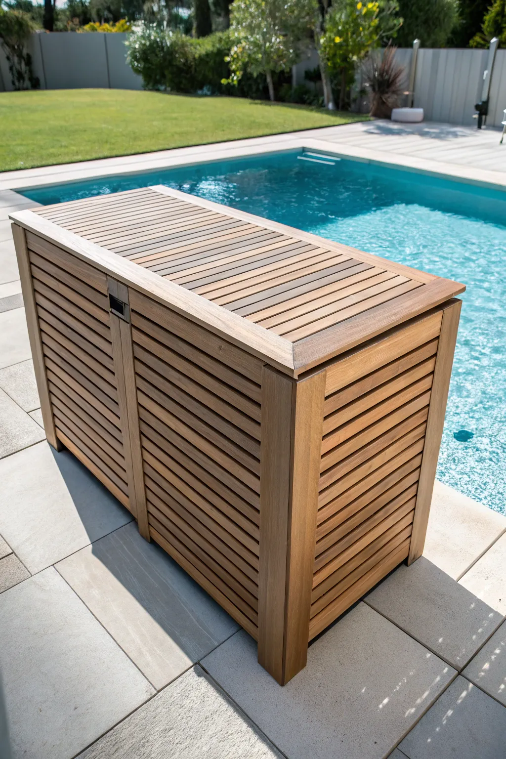 Elevate your backyard with a sleek, modern slatted pool pump cover that combines style and craftsmanship.