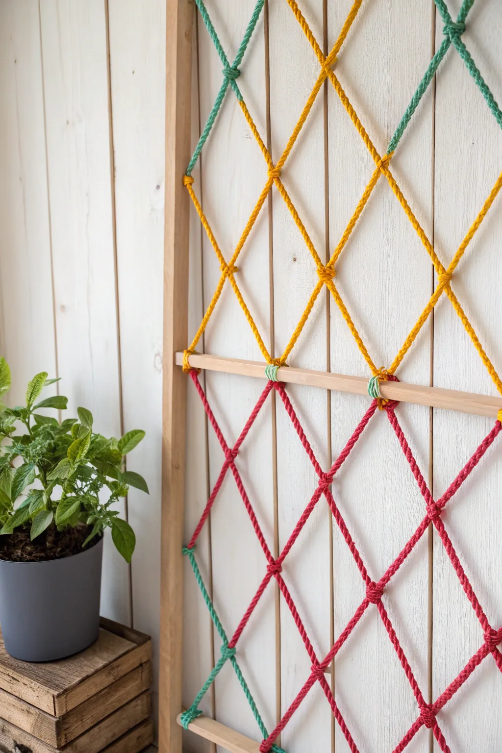 Transform your plant display with a stunning string art trellis; where bold colors meet minimalist design.