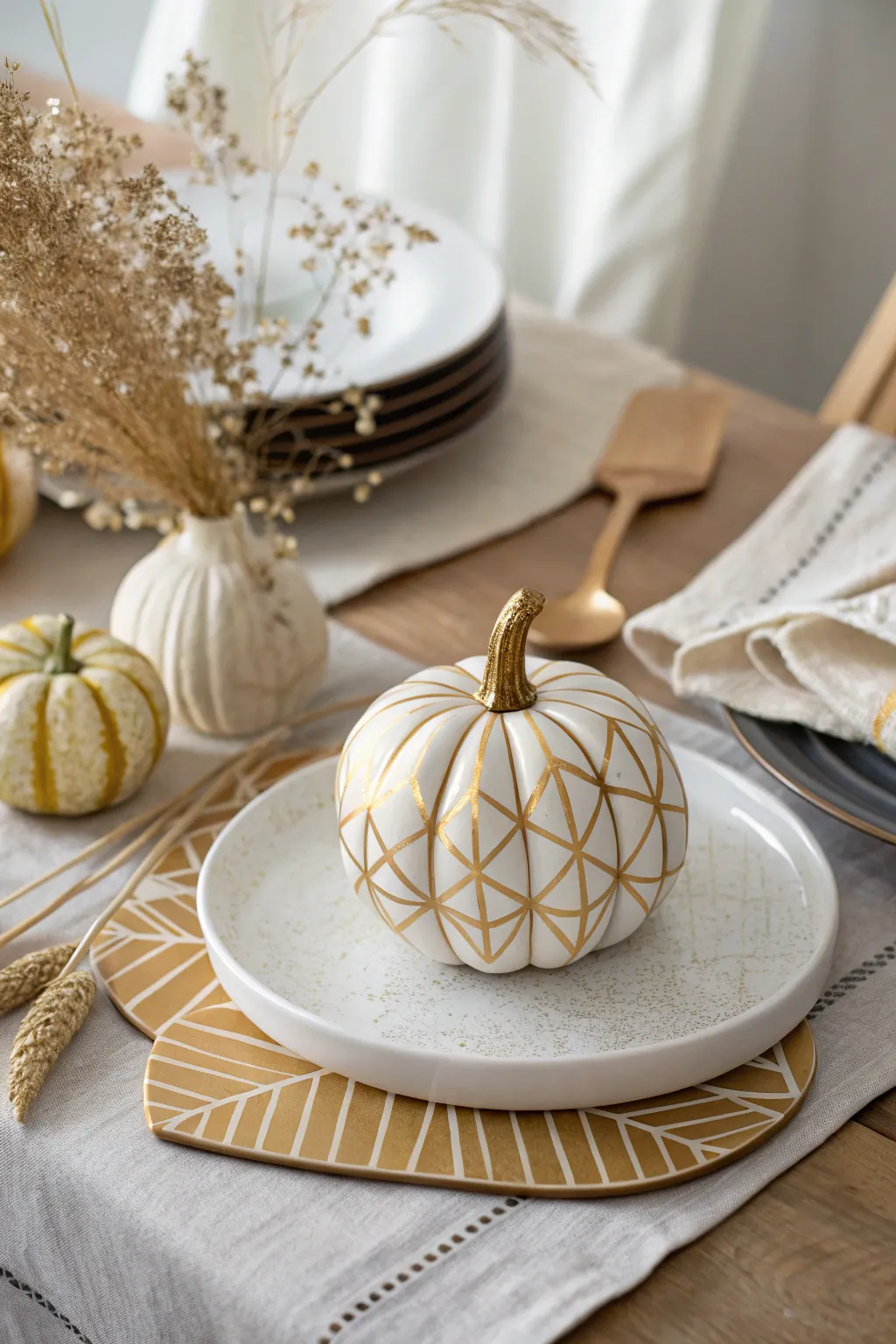 Add a touch of elegance to your autumn table with this chic DIY gold-accented pumpkin centerpiece.