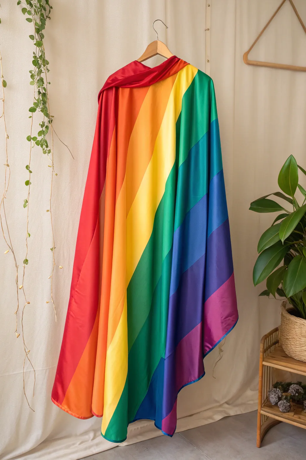 Add a burst of color to your DIY Rio Carnival costume with this stunning rainbow cape, perfect for twirling in style!