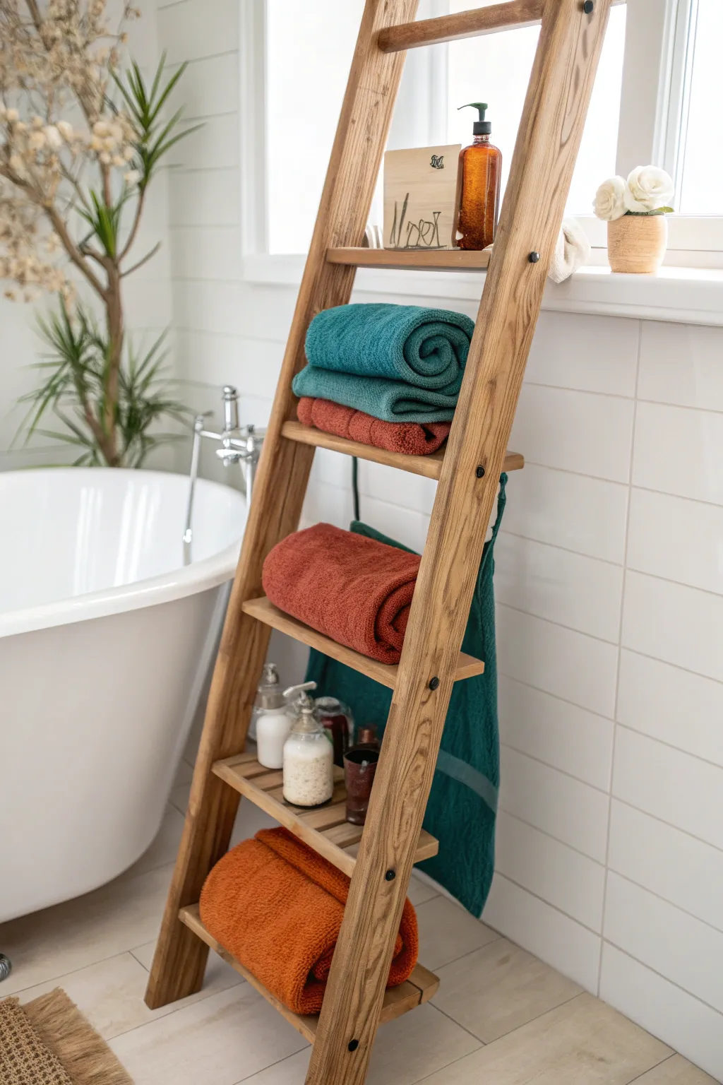 Transform your bathroom with a chic vintage ladder shelf – a perfect blend of style and functionality!